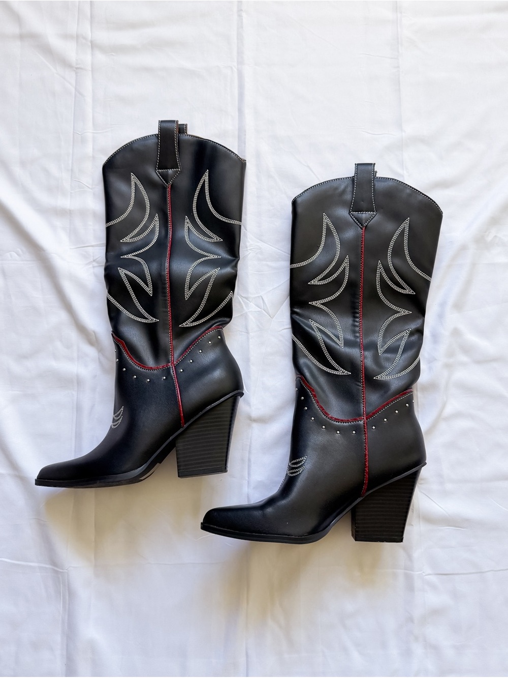 Vici Black Western Heeled Cowboy Boots with Red Stitching